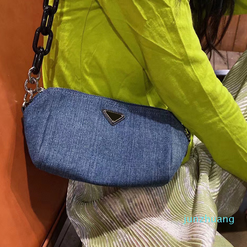 

Designer- Women Bag Fashion Shoulder Bags Acrylic tortoiseshell chain washed denim cosmetic bag high quality totes handbag, Blue