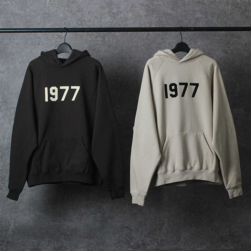 

Men' Hoodies Sweatshirts Double Line Essential American High Street 1977 Plush Loose Letter Hooded Sweater Trend, Black
