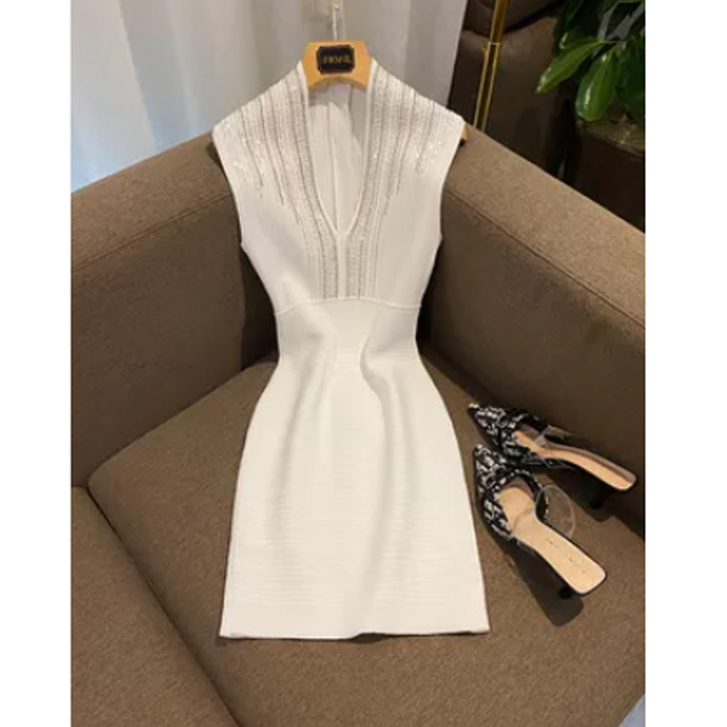 New V-neck Diamond Sleeveless Dress for Women 2022spring Fashion Zipper Slim Fit Knitted Hip Skirt Balman