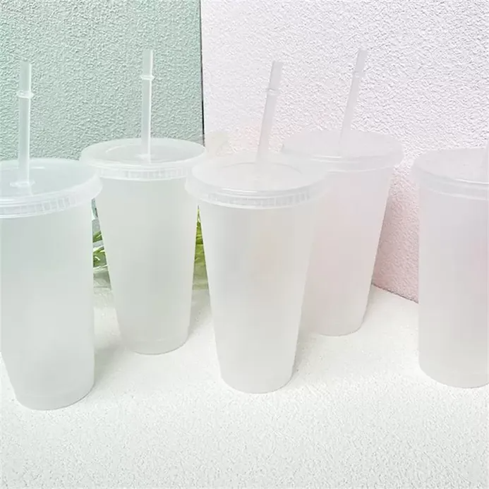 

24oz Clear Cup Plastic Transparent Tumbler Summer Reusable Cold Drinking Coffee Juice Mug with Lid and Straw C0414