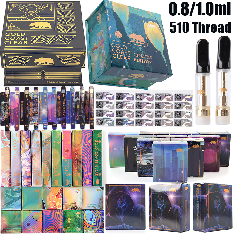 

GOLD COAST CLEAR Atomizers Newest Package Spring Summer Edition Vape Cartridge Cartridges Glass Tank Dab Carts E Cigarettes 510 Thread Packaging 10 Strains
