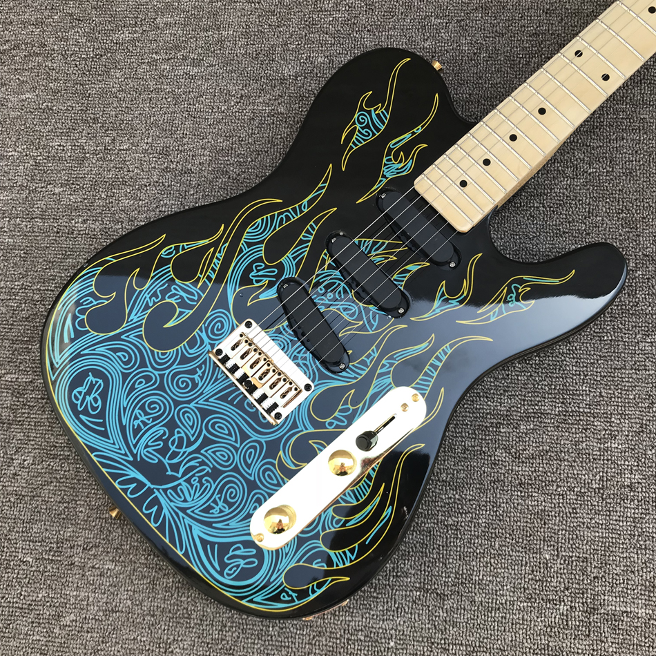 

TL electric guitar, gold hardware, maplefingerboard, blue flame water transfer, solid mahogany body guitar