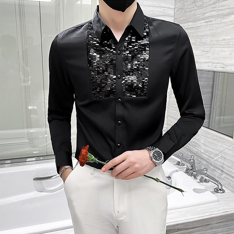 

Men's Casual Shirts Sequins Chemise Homme De Luxe Fashion Long Sleeved Nightclub Blouse Men Party Prom Black White Mens Tuxedo StreetwearMen, H730-white