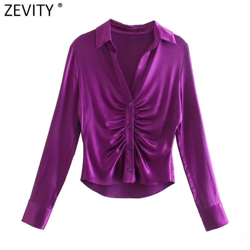 

Zevity Women Fashion Pleats Design Purple Satin Smock Blouse Lady Casual Slim Buttons Kimono Shirts Chic Blusas Tops LS9807 220407, Hh ls9807h