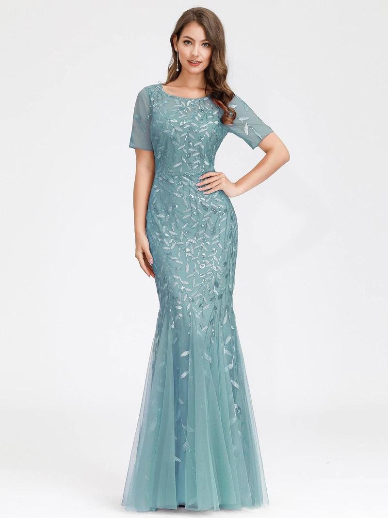 

Party Dresses Elegant Evening Long Mermaid Short Sleeve O-Neck Lace Sequined Gown 2022 Ever Pretty Of Simple Prom Women DressParty, Navy blue