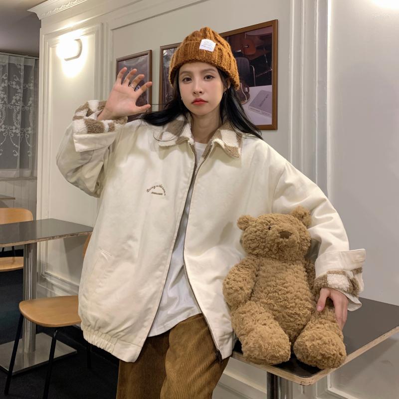 

Women's Jackets 2022 Winter Polar Fleece Jacket Double-sided Wear Long-sleeved Plaid Zipper Casual All-match, Beige