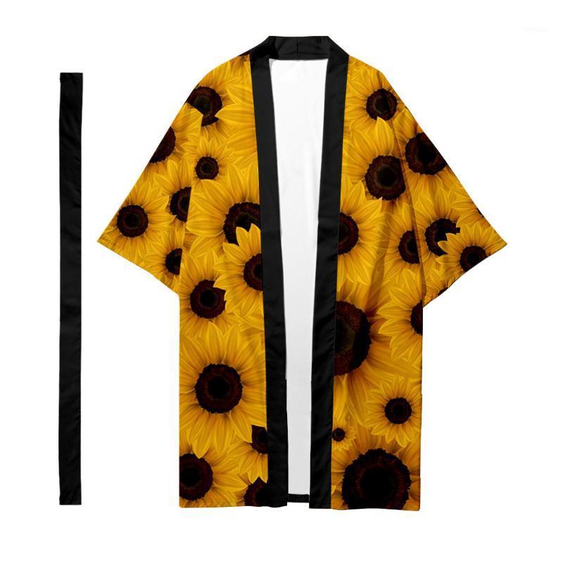 

Ethnic Clothing Men's Japanese Traditional Long Kimono Cardigan Women's Sunflower Pattern Shirt Yukata Jacket 1