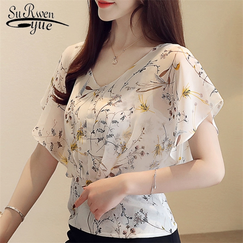 

Women' summer blouses plus size tops V neck ruffles print chiffon blouse women short sleeve shirts ladies tops 4596 50 220407, Blue