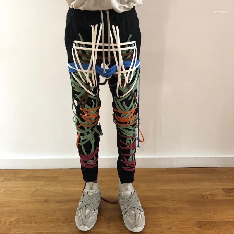 Hommes jean porter haute rue Patchwork cordes pansement homme pantalon taille décontracté mince pantalon 2022 Streetwear mode marée1