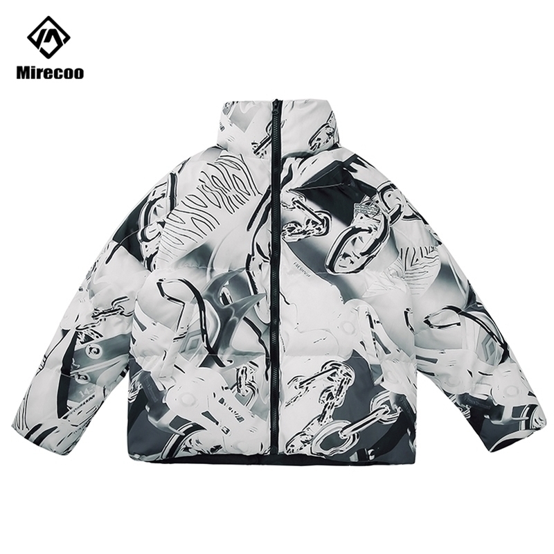

MultiChains Print Padded Parka Men Hipster Puffer Down Jacket Men Streetwear Stand Collar Winter Coat Outwear Windbreaker 201116, White