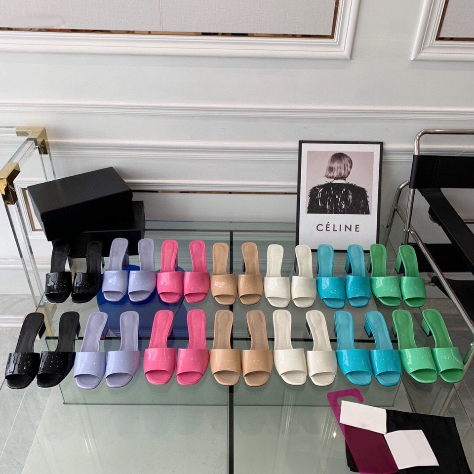 

Women Mules Slipper Calfskin Light Sky Blue Slide Indoor Sandal Coarser Heels Slippers Designer Summer Luxury Fashion Ladies Beach Shoes