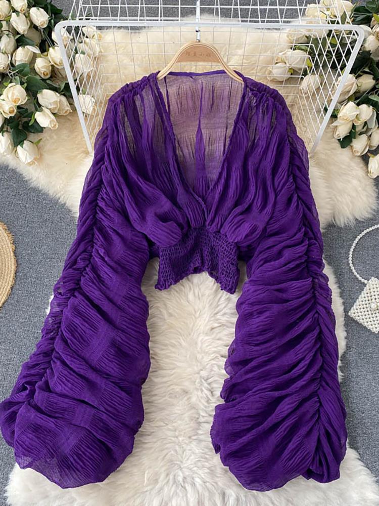 

Summer Sexy Draped Chiffon Blouses Blouse For Women Elegant V-neck Puff Long Sleeve Short Tops Female Slim Party Shirts Fashion, Purple