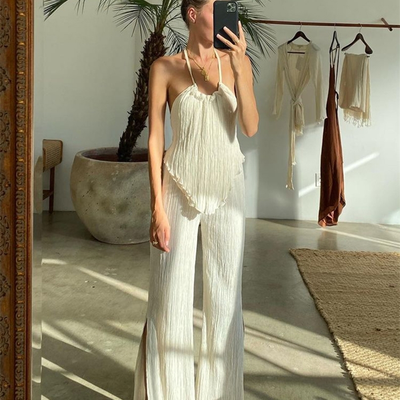 

Clacive Sexy Halter Backless Tank Top Set Woman 2 Piece Bodycon Beige Pleated Pants Set Female Elegant Skinny Slit Trouser Suits 220704, Black