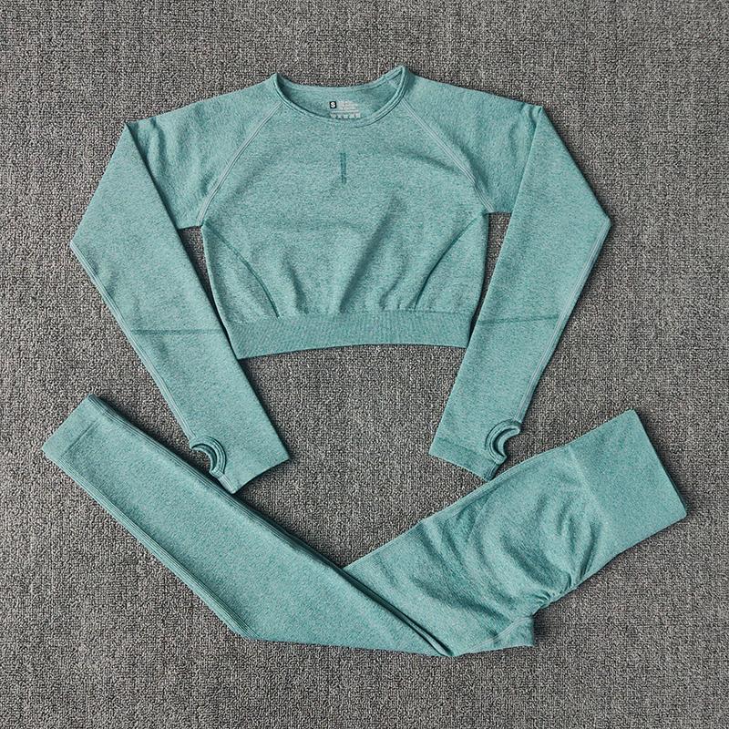 

Yoga Outfit Solid Women Seamless Set Gym Clothing Fitness Leggings Long Shirts Sport Suit Sleeve Tracksuit Active WearYoga, Blue
