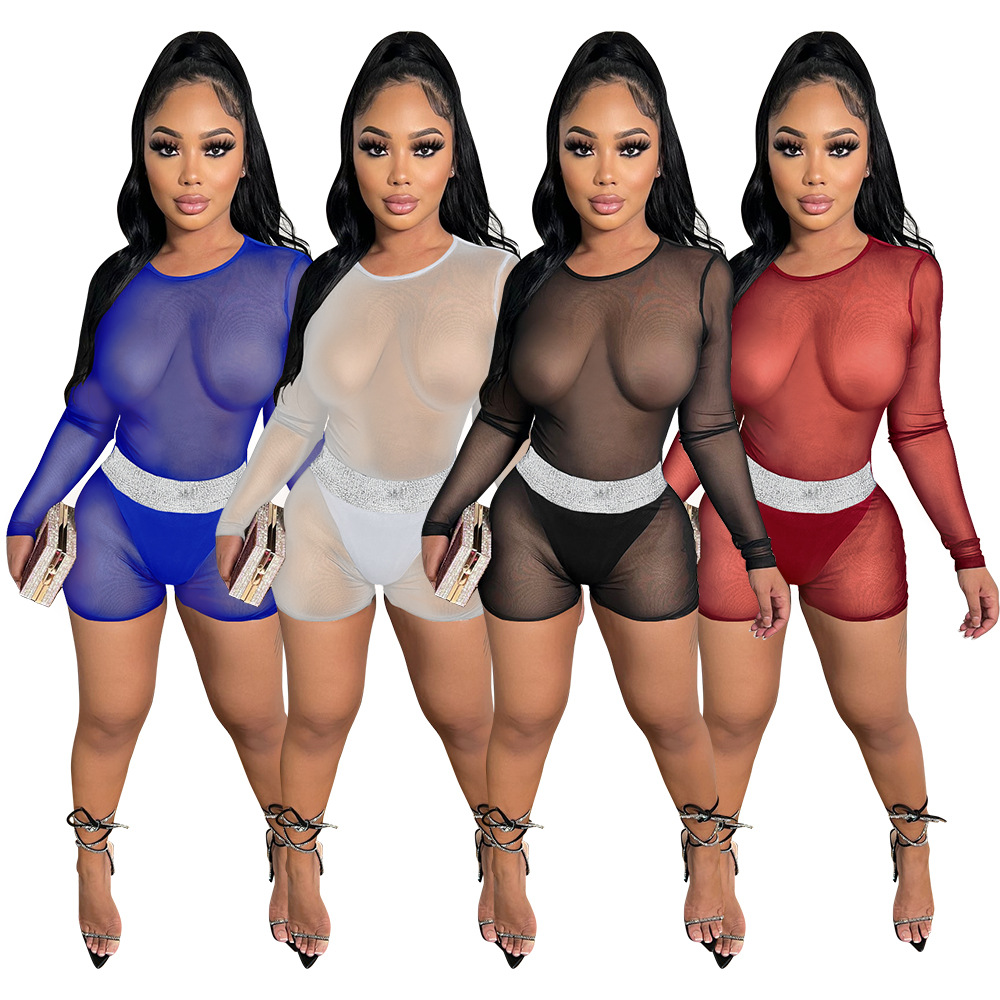 

New Arrival Mesh See Through Tracksuits For Women Solid Long Sleeve Top And Sports Splicing Shorts Nightclub Two Piece Sets 8130, Red