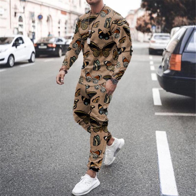 

Men's Tracksuits Autumn Long Sleeved Trousers Leisure Style Polyester 2022 Fashionable And Comfortable Pullover Butterfly Print Set, Gray