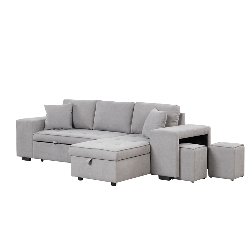 

Living Room Furniture 104" Pull Out Sleeper Sofa Reversible L-Shape 3 Seat Sectional Couch with Storage Chaise and 2 Stools for LivingRoom Furniture Set