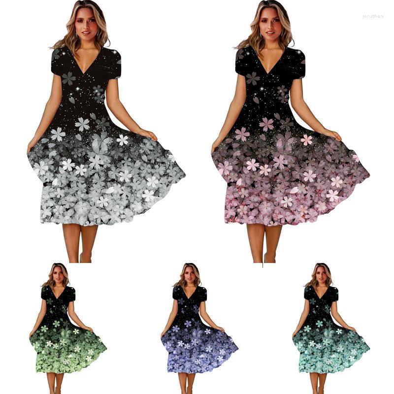 

Colors Womens V-Neck Short Sleeve Floral Print Long Dress Large Hem Casual Jona22
