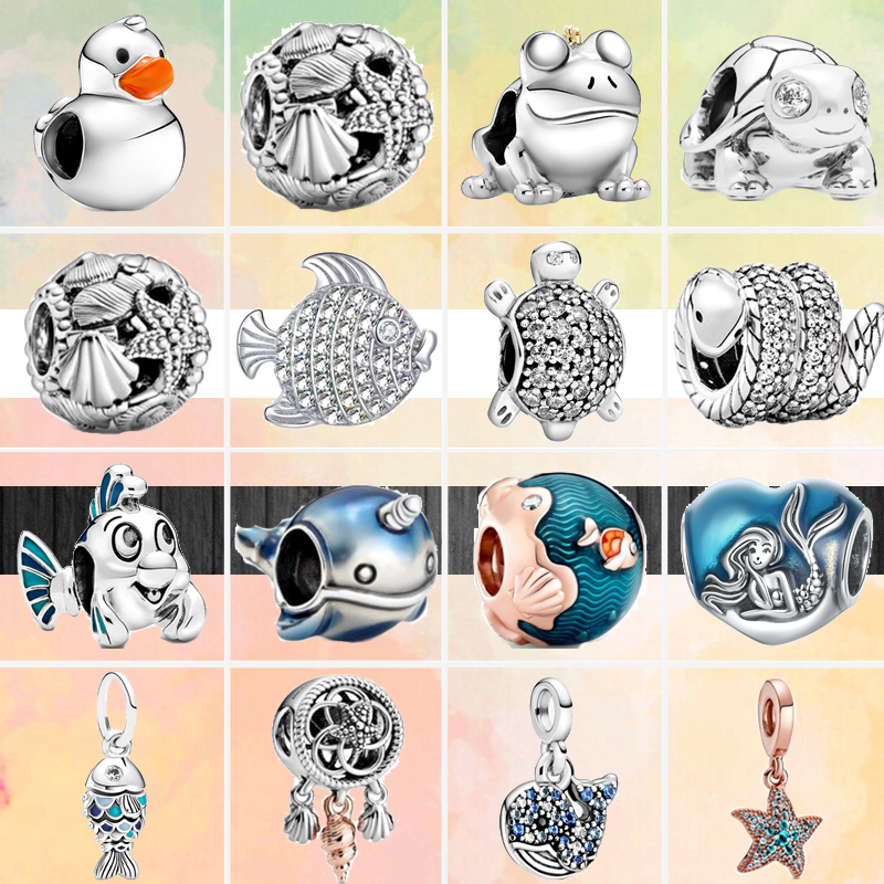 

New Popular 925 Sterling Silver European Silver Fish Turtle Starfish Shell Sparkling Ocean Charm Beads for Original Pandora Bracelet Women DIY Jewelry