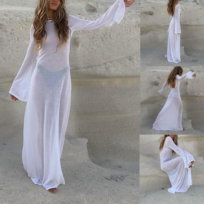 

Women' Swimwear Women Sexy Backless Sheer Mesh Dress Swimsuit Cover-Ups Ladies Solid Color Long Sleeve Full-Length For Bathing SuitWomen, White