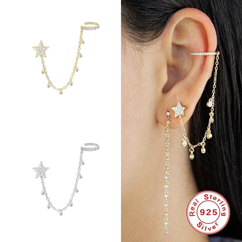 

Clip-on & Screw Back GS 925 Sterling Silver Ear Cuff Clip Chain Earrings For Women Zircon Star Tassel On Fashion Korean Jewelry 1PC