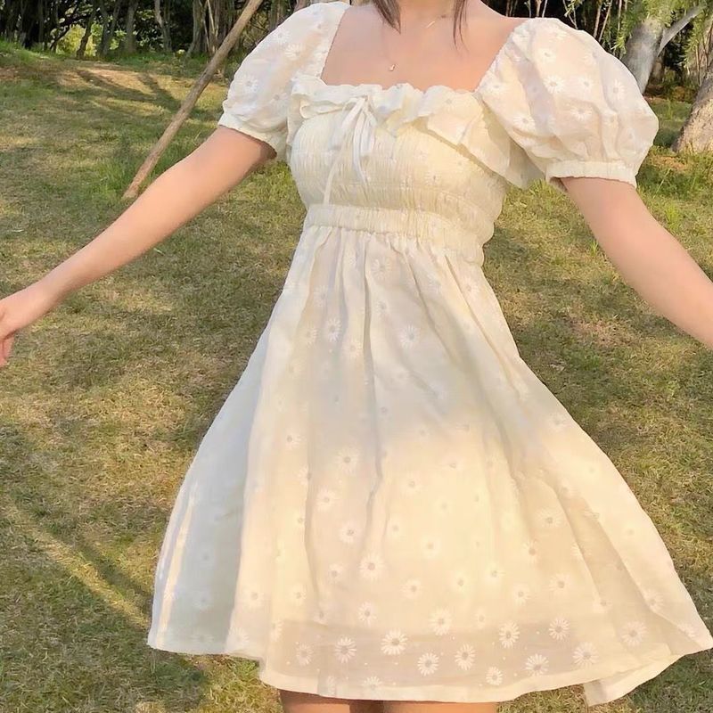 A line Dresses Women Floral Ruffles Square Collar Puff Sleeves High Waist Summer Casual Mini Korean Style Ulzzang Soft Daisy Ins 220521