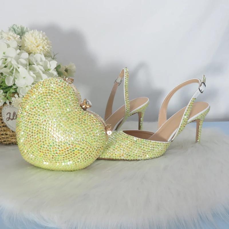 Sandales jaunes cristal pointues chaussures de mariage nuptiales et sac coeur sac dames robe talons minces sac à main talon haut