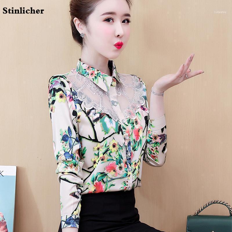 

Women Flowers Lace Blouse Shirts Elegant Long Sleeve Lapels High Quality Casual Ladies Office Work Tops, Green