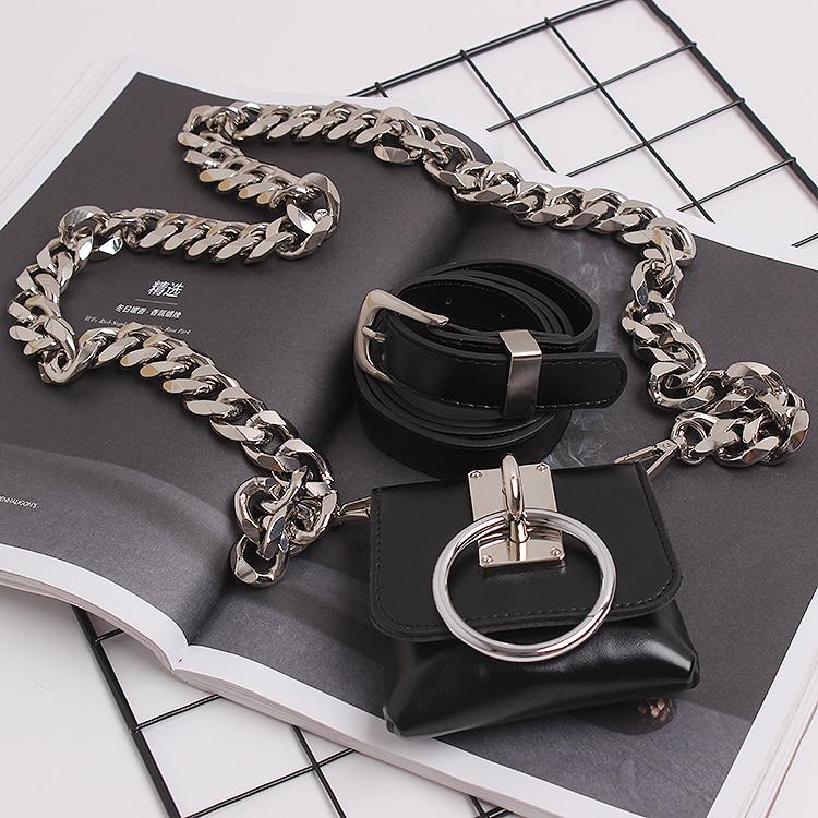 

Belts Metal Ring Thick Chain Dual Purpose Coin Purse Messenger Bag Waist Belt, As pic