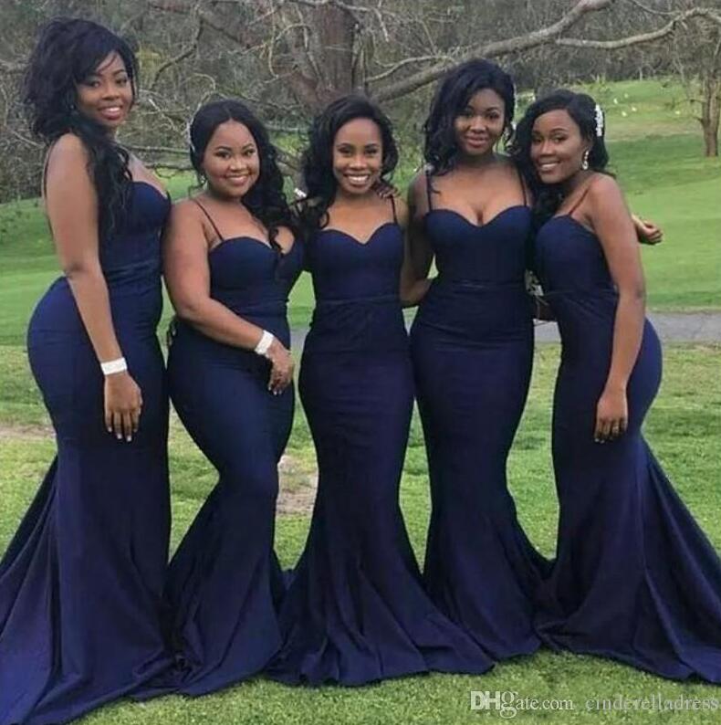 

2022 DHL Navy Blue Africa Spaghetti Strap Mermaid Bridesmaid Dresses Sexy Sweetheart Sweep Train Satin Long Wedding Party Dresses BA5145 Elegant C0415