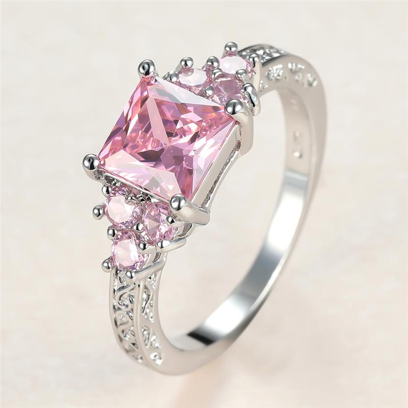 

Wedding Rings Dainty Female Pink Crystal Stone Ring Charm Silver Color For Women Vintage Bride Square Zircon Engagement RingWedding
