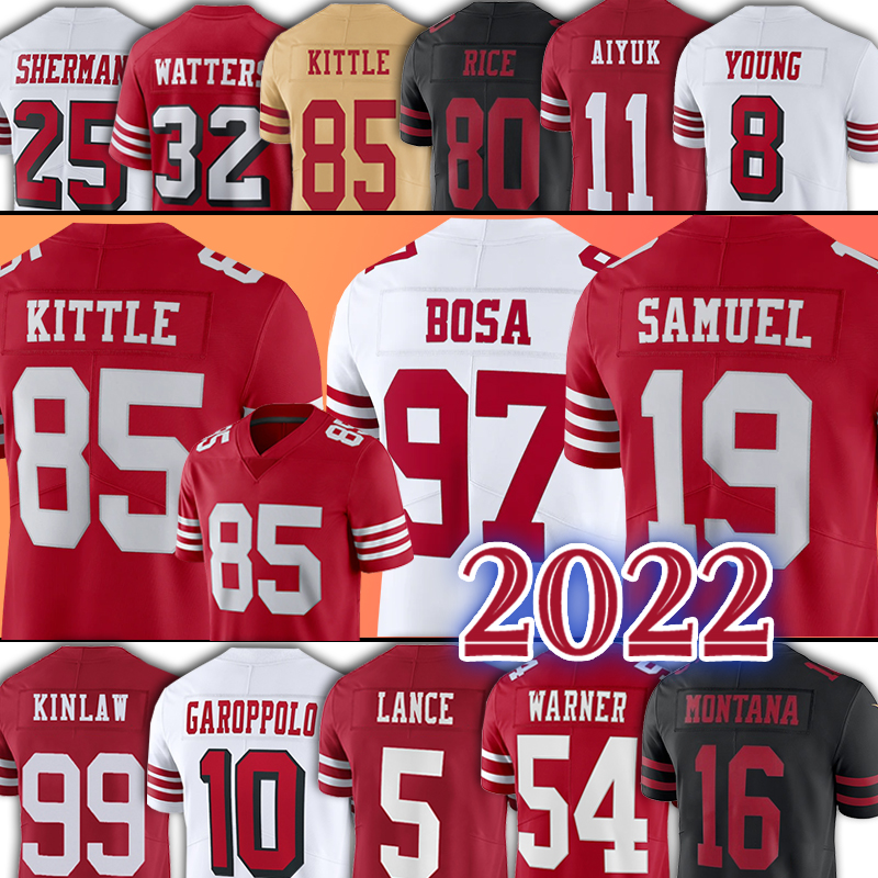 

85 George Kittle Football Jerseys 5 Trey Lance 97 Nick Bosa 19 Deebo Samuel 11 Brandon Aiyuk Javon Kinlaw 54 FRED WARNER 80 Jerry Rice 8 Steve Young 10 Jimmy Garoppolo, Women(49r)