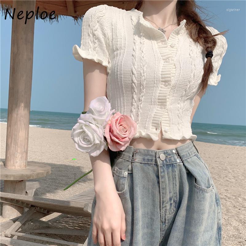 

Women's Knits & Tees Neploe 2022 Korean Office Lady Elegant Sweater O Neck Solid Color Short Sleeve Cardigan Edge Stripe Single-breasted Top, White