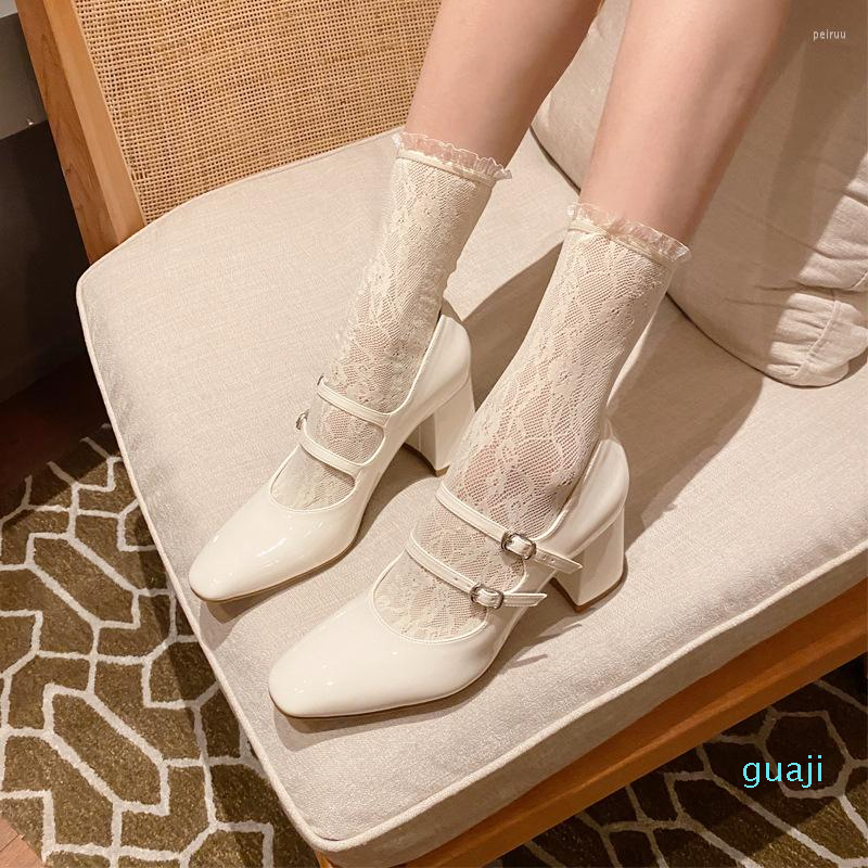 

Dress Shoes Simple French Leather Spring High Heels Women's Square Toe Nude Mary Jane Retro Thick Femme Zapatos, Red
