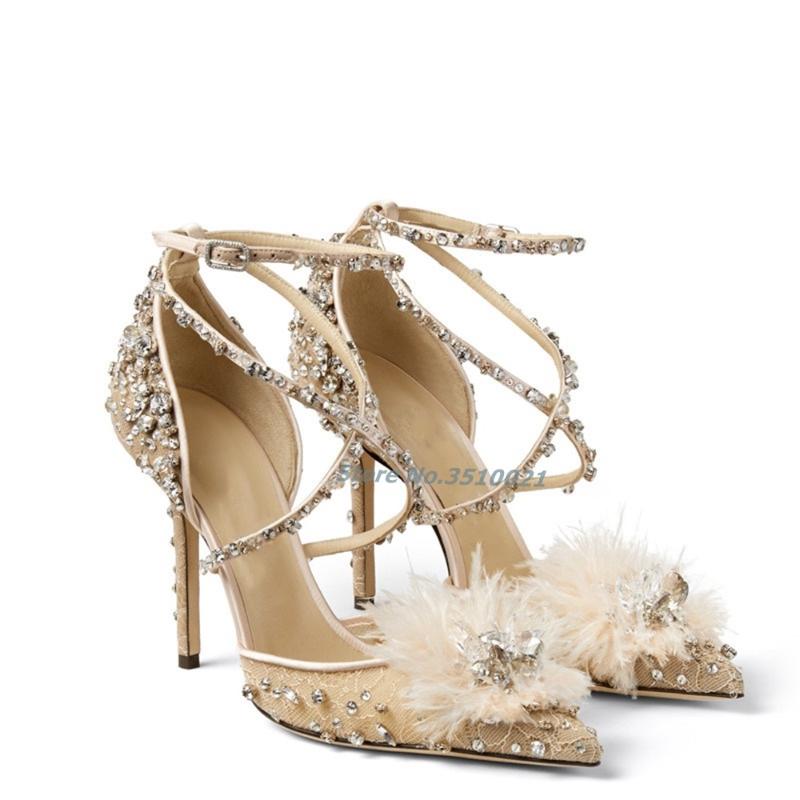 

Sandals Lace Rhinestone Flower High Heels Pointed Toe Stiletto Ankle Strap European Style Feather Head Sexy Elegant HeelsSandals SandalsSand, Nude