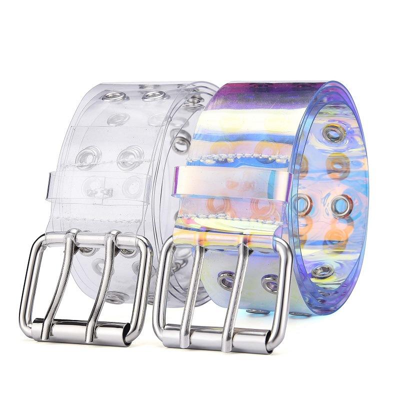 

Belts 2022 Transparent Two Row PVC Belt Women Fashion Laser Invisible Square Pin Buckle Multihole Dazzling For Ladies Waistband, Black