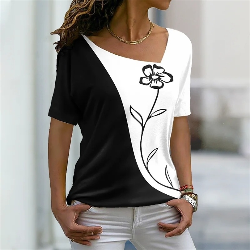 

Summer Womens Floral Theme Painting T shirt Floral Color Block Print V Neck Basic Tops Green Black Red 3D Print 220527