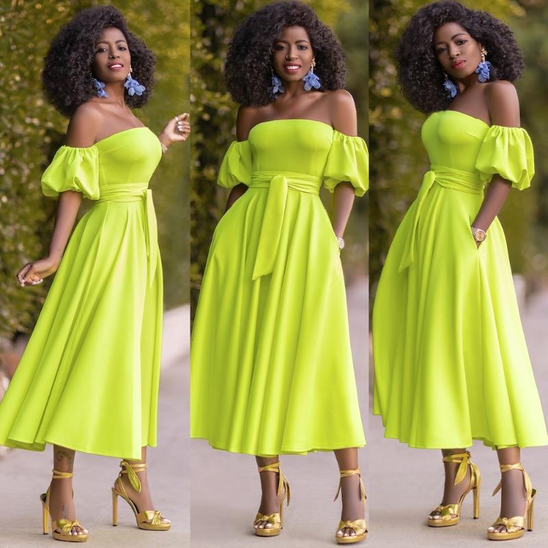 

Plus Size Dresses 2022 Ladies Summer African Style Off Shoulder Sashes Pockets Sexy Casual Dress For Women, Yellow