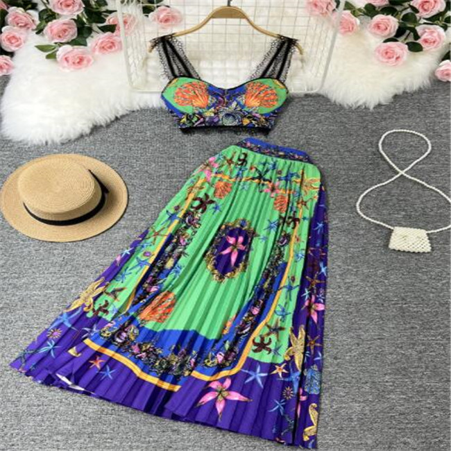 

Summer Women Two Piece Dress Sets Sexy Strapless Fashion Dots Print Lace Top And High Waist Pleated Skirt Suit