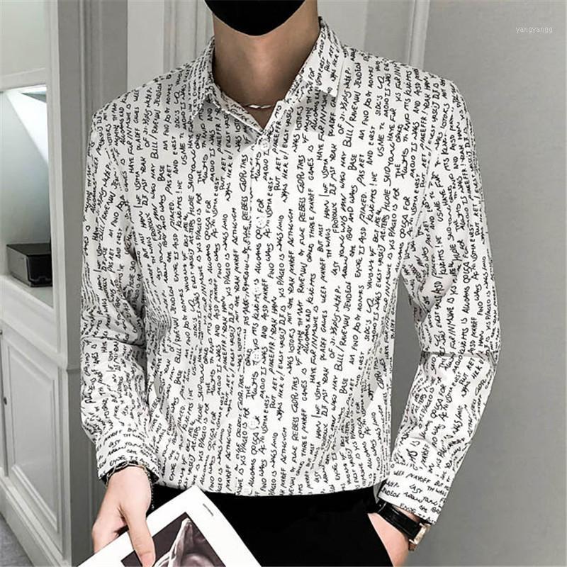 

Men's Casual Shirts Autumn Luxury Letter Print Shirt Korean Slim Social Camisa Long Sleeve Night Club Men Button Flower, Black