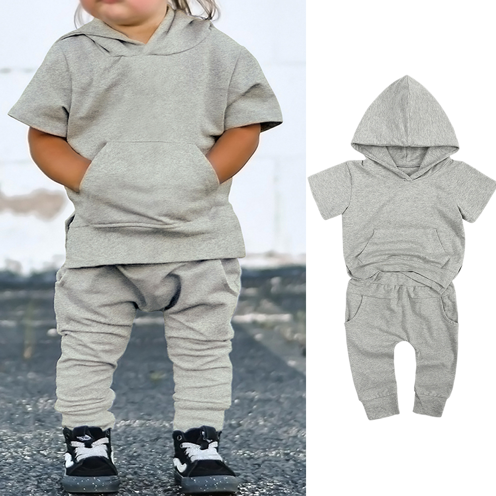 

Summer Tracksuit Children Clothing Sets Suit For Girls Short Sleeve Hoodie Top+Shorts Boys Costume Kids Outfits Sportswear, Gray