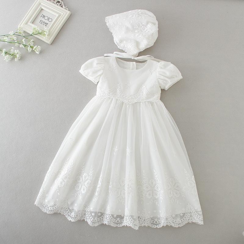 

Girl's Dresses Princess Infant Baby Girls Christening Dress Outfit Lace Floral Embroidered Print Knee Length Tutu With Bonnet 2 PcsGirl's, As pic