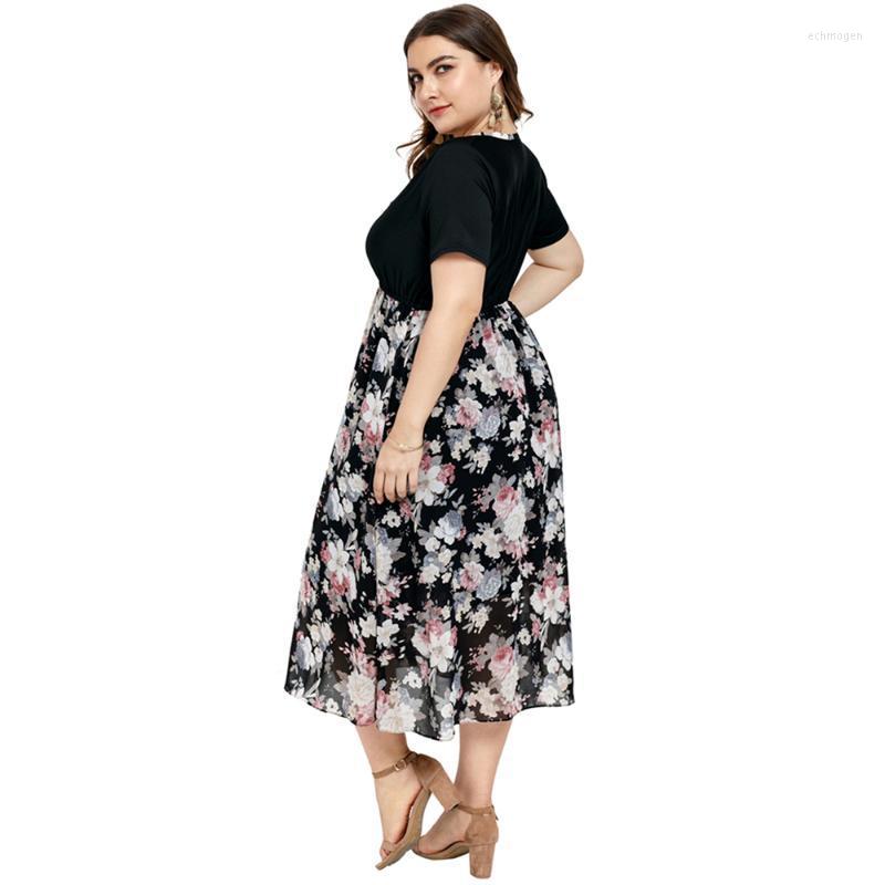 

Plus Size Dresses Fridayln Summer Woman Stitching Pullover High Waist Short Sleeve Large Top Ladies Sweet V Neck Print Slim Dress Echm22, Black
