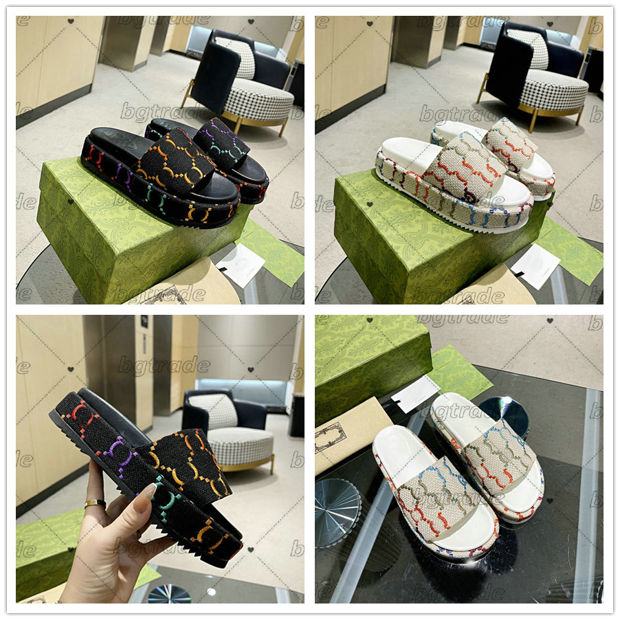 

Women's Angelina 55mm Slippers Platform Slide Sandals Embroidered Logo Wedge Multicolor Blue/brown denim/leather canvas jacquard wraps Logo-jacquard Colorful, Color #1