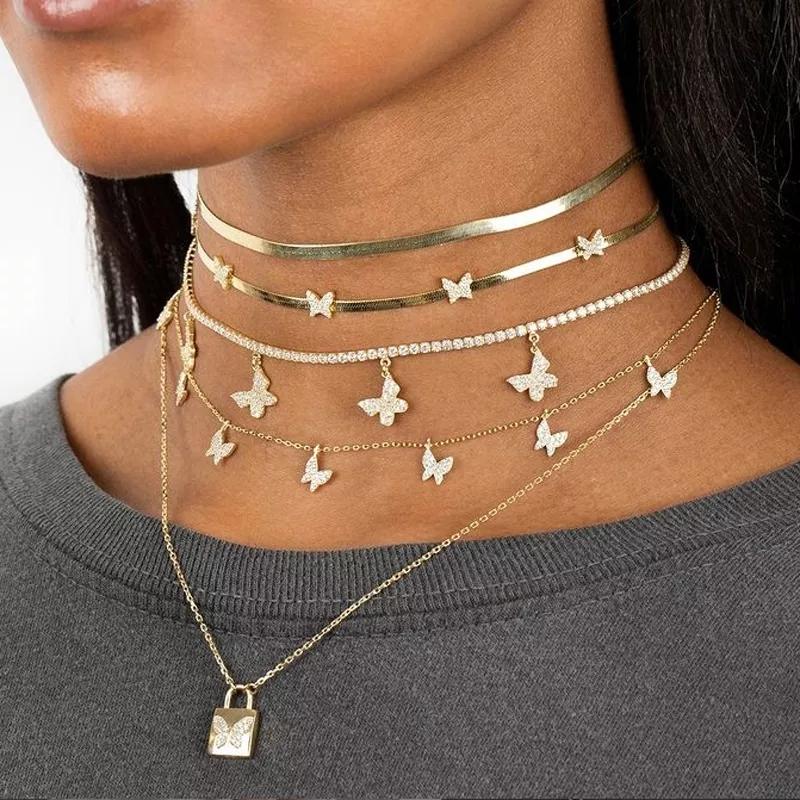 

Chains Design Fashion Trendy Women Jewelry Herringbone Snake Chain Micro Pave CZ Cute Butterfly Charm Choker Necklace BraceletChains