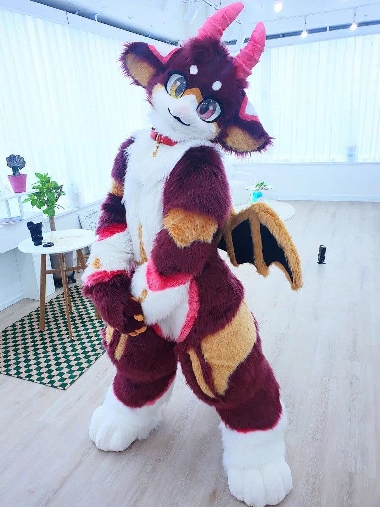

Furry Fursuit Kawaii Horn Dragon Mascot Costume Teen Suit Halloween, As pic