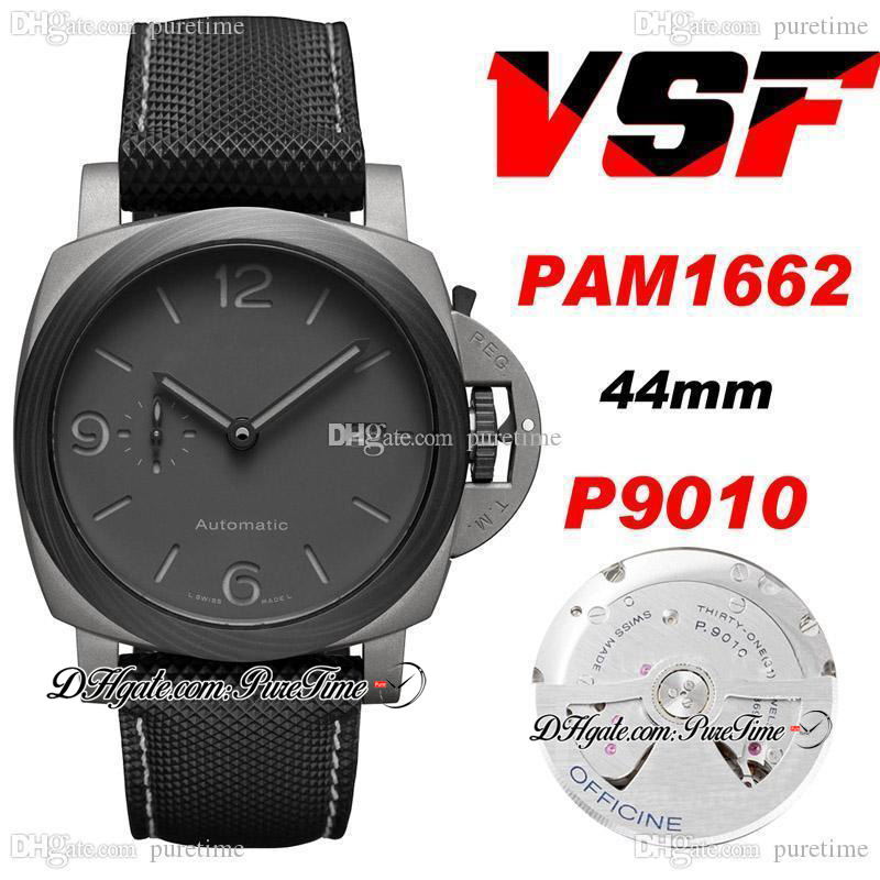 

VSF 44mm VS1662 P.9010 P9010 Automatic Mens Watch Satin Polished Bezel Titanium Case Black Dial Nylon Strap With Whtie Line Super Edition PTPM Puretime