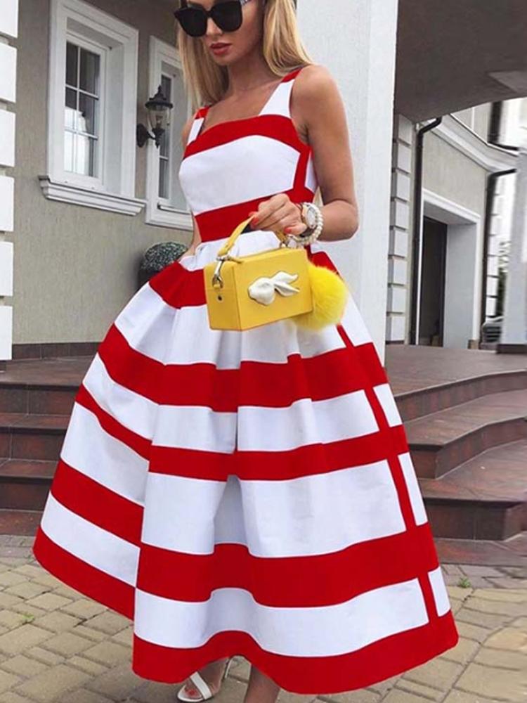 

Casual Dresses Women Elegant Off Shoulder Long Party Dress Summer Striped Print Sleeveless Fashion Chic A-Line Suspender Beach LOQH, 02 red