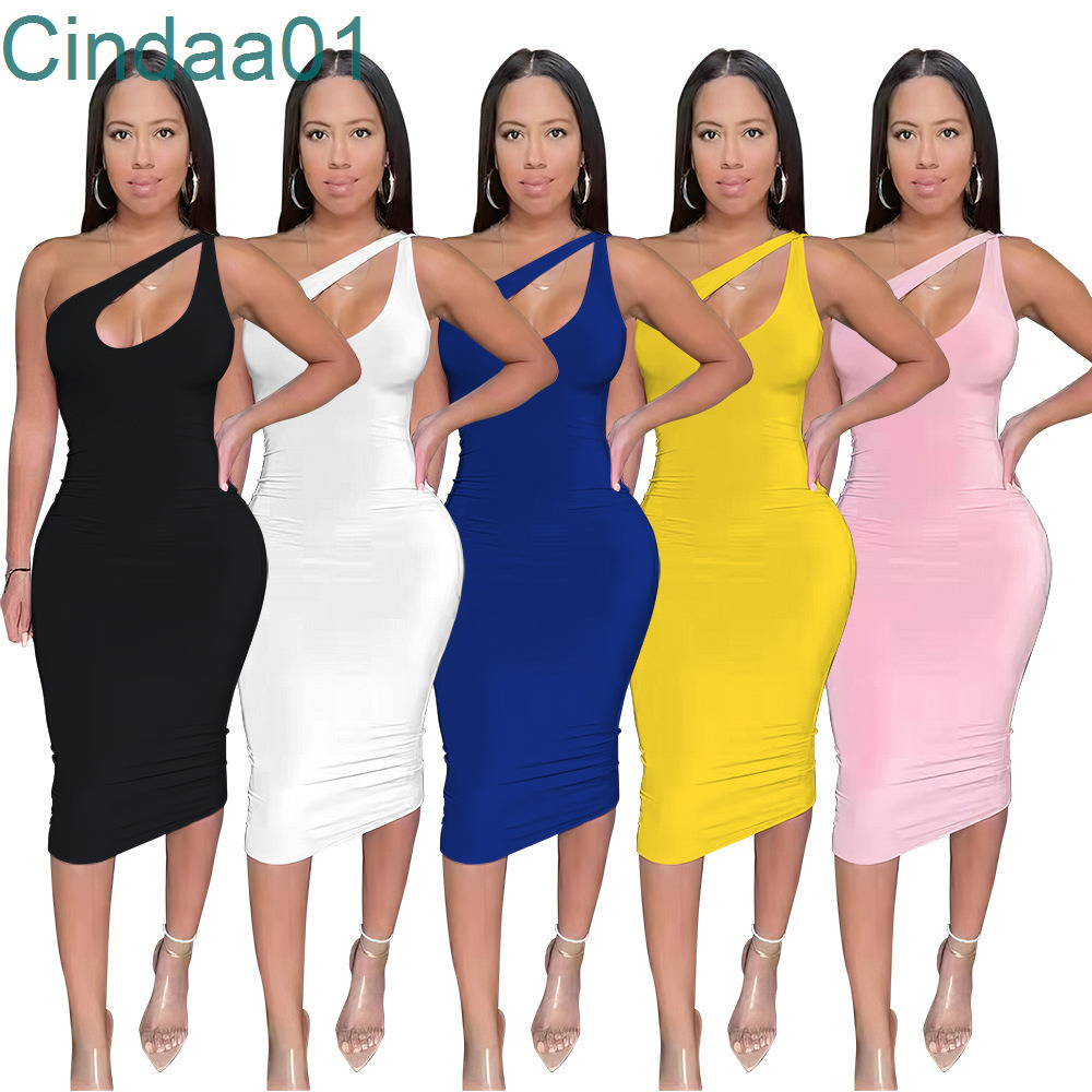 

New Casual Midi Dresses For Women Solid Color Diagonal Shoulder Dress One Piece Step Skirt Nightclub Wear, Blue