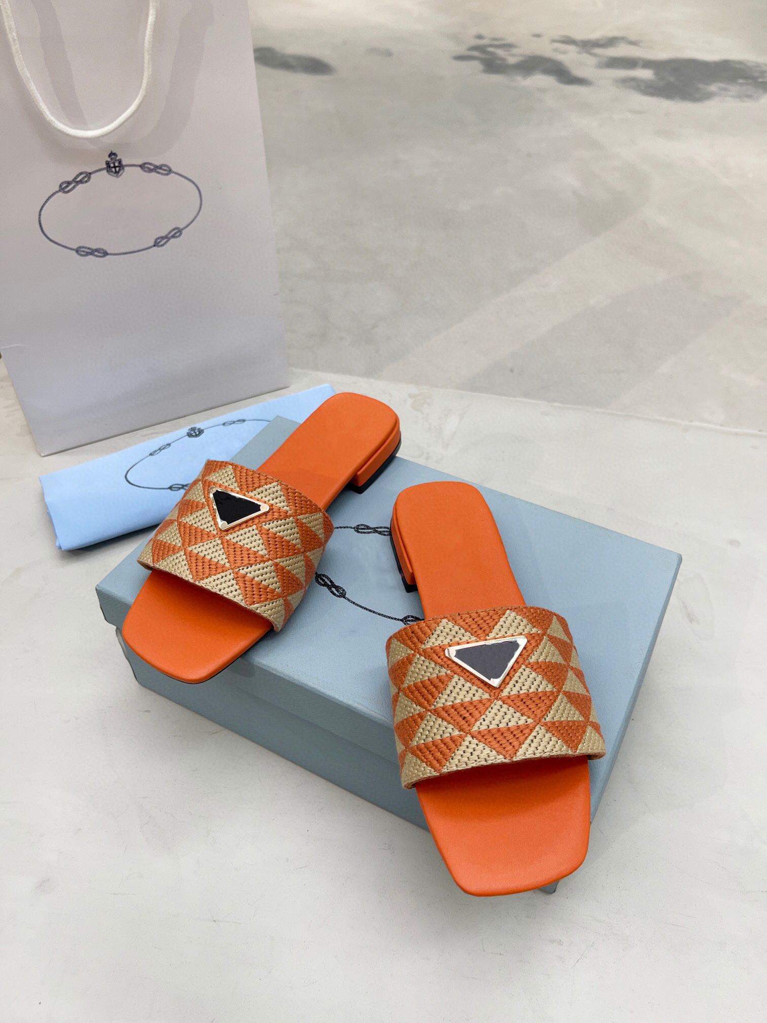 

Triangle printed fabric slippers Women's printeds black mule luxury platform sandals Beach shoes casual shoes, 1#
